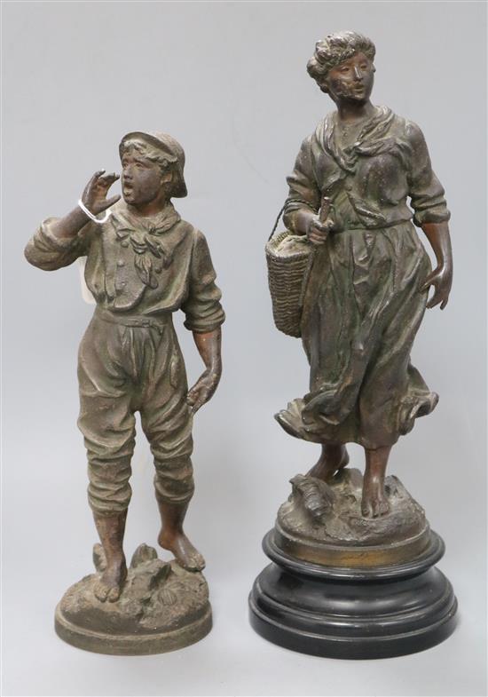 A pair of spelter figures of a soldier and companion, standing on ebonised bases, height 32cm